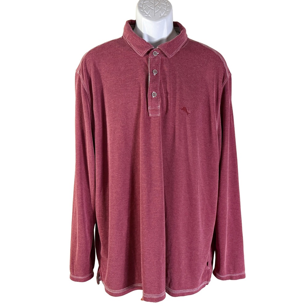 Tommy Bahama Polo Shirt Mens XXL Red Long Sleeve Textured Ribbed‎ Marlin Logo